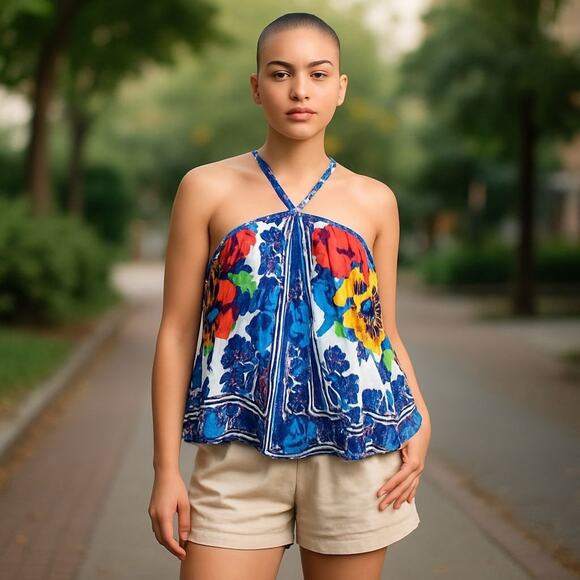 Farm Rio Flower Tapestry Blouse Flower Tapestry Off-White M Spaghetti Strap New - Picture 1 of 8